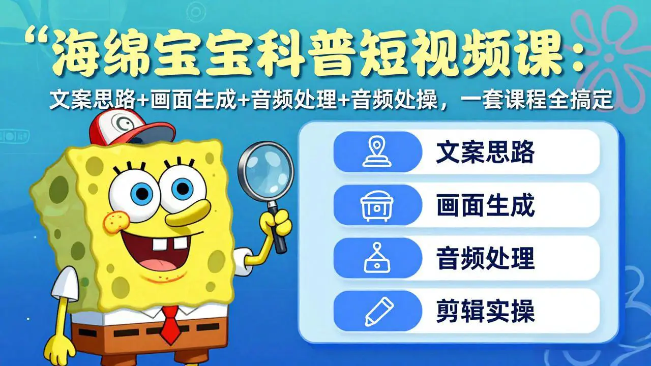 海绵宝宝科普短视频课：文案思路+画面生成+音频处理+剪辑实操，一套课程全搞定-冒泡网