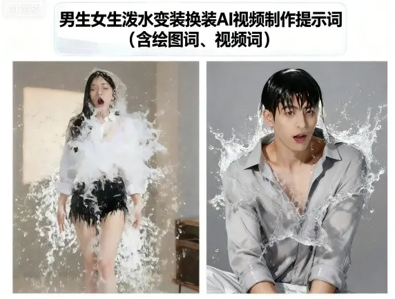 男生女生泼水变装换装AI视频制作提示词(含绘图词、视频词)-冒泡网