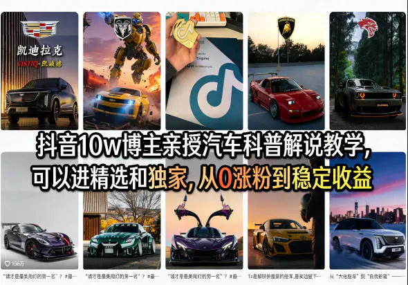 抖音10w博主亲授汽车科普解说教学，可以进精选和独家，从0涨粉到稳定收益(详细视频课程+1T素材)-冒泡网