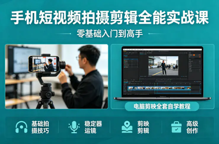 手机短视频拍摄剪辑全能实战课：零基础入门到高手，稳定器运镜+电脑剪映全套自学教程-冒泡网
