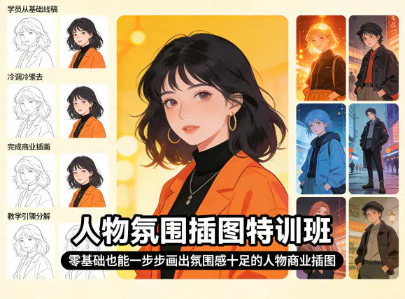 人物氛围插图特训班，零基础也能一步步画出氛围感十足的人物商业插图-冒泡网
