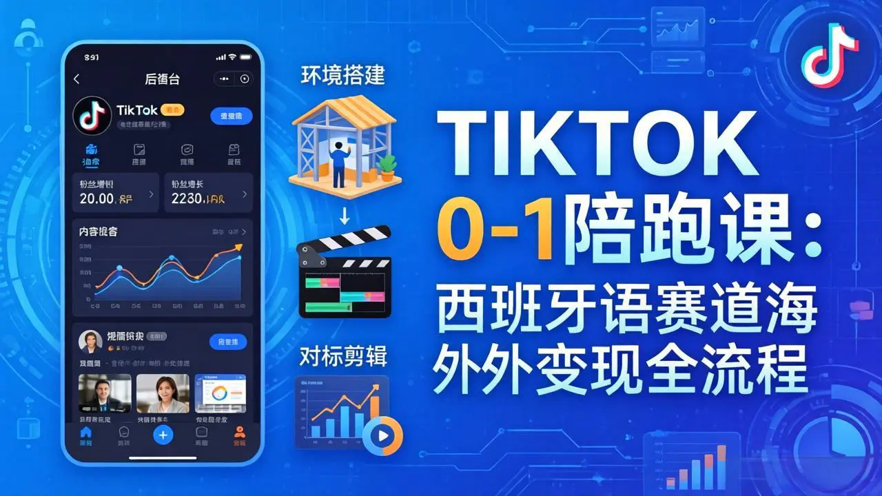 TIKTOK 0-1 陪跑课：从环境搭建到刷对标剪辑，西班牙语赛道海外变现全流程-冒泡网