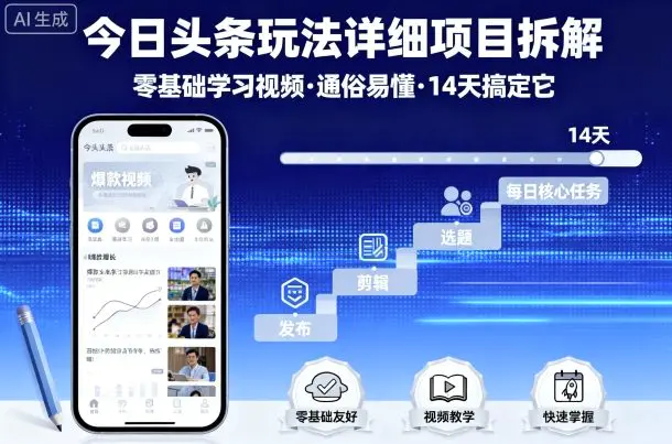 今日头条玩法详细项目拆解，零基础学习视频 通俗易懂 14天搞定它-冒泡网