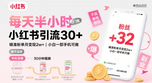 每天半小时小红书引流30+，精准粉单月变现2w+，小白新手一部手机可做，今天5分钟硬核实操-冒泡网