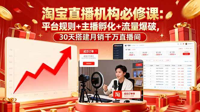 （16087期）淘宝直播机构必修课：平台规则/主播孵化/流量爆破,30天搭建月销千万直播间-冒泡网