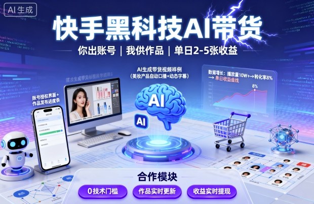 快手黑科技AI带货，你提供账号，我提供作品并发布，单日2-5张【揭秘】-冒泡网