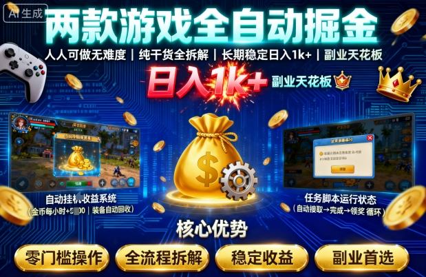 两款游戏全自动掘金，人人可做无难度，纯干货全拆解，长期稳定，日入1k+，副业天花板【揭秘】-冒泡网